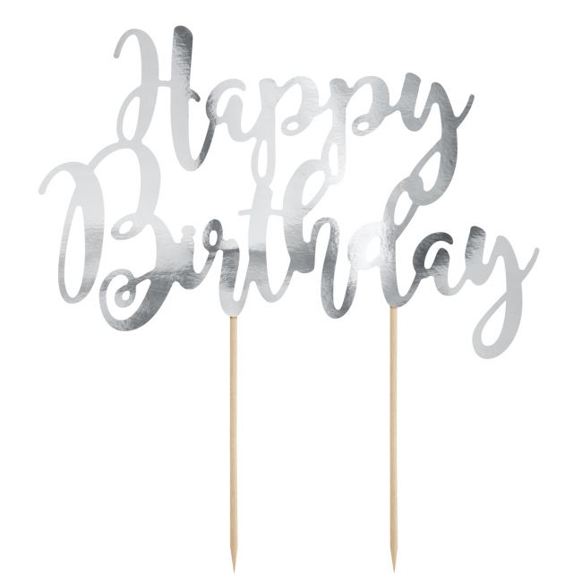 PartyDeco Cake Topper HappyBirthday silber
