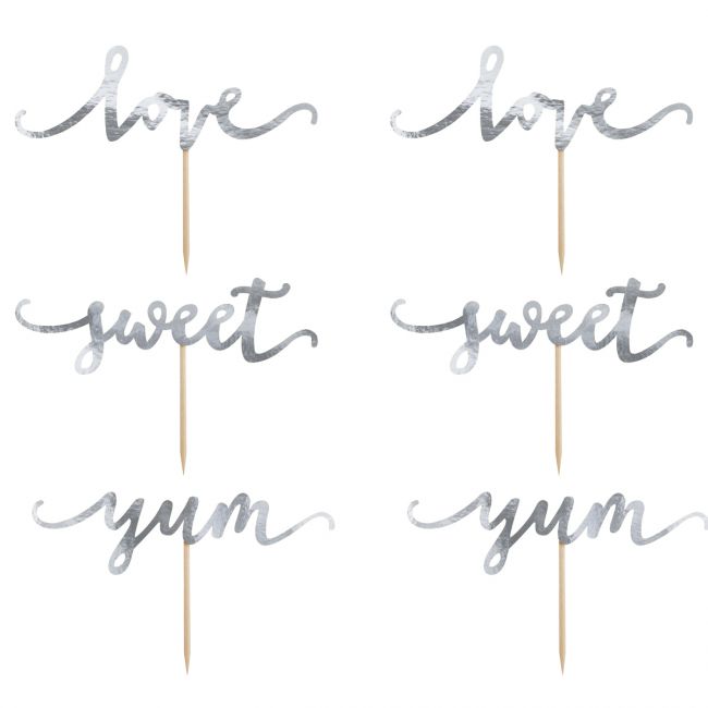 PartyDeco Cake Topper love, yum, sweet 6 Stk. Silber