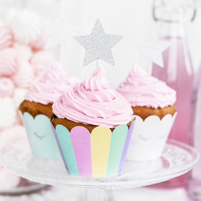 PartyDeco Cupcake Topper Stern Silber 6 Stk.